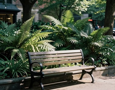 A serene photography shot of a sunlit city park in North America, focusing on a quiet bench surrounded by lush greenery and soft shadows.