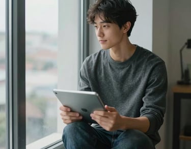 A photograph of a person sitting by a large window in a clean, modern North American apartment, looking thoughtfully at a tablet with a peaceful expression.