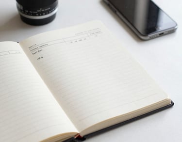 A bright, clean photo of an open notebook and a smartphone on a desk, representing planning and mental wellness tracking, North American / US style.