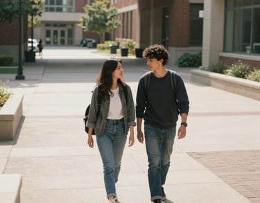 A high-angle photo of two young adults walking together through a bright, contemporary university courtyard in North America, sharing a calm conversation.