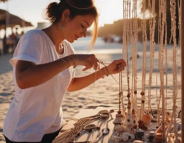 mujer haciendo collares de macramé en un taller en la playa