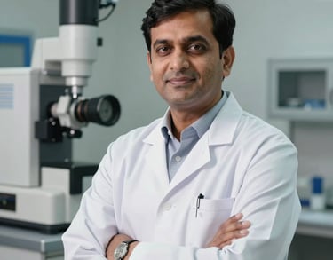 Professional headshot of a Pakistani quality assurance director in a clean white lab coat, standing in front of a modern medical equipment facility. The lighting is soft and professional, conveying trust and medical expertise.