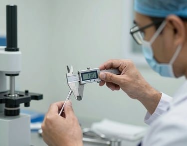 A focused shot of a quality control specialist in a Pakistani neurosurgical production unit, wearing professional attire and using a high-precision digital caliper to measure a stainless steel instrument. The background is a clean, off-white sterile lab environment.