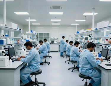 A wide shot of a modern, clean Pakistani industrial laboratory with white floors and steel blue accents. Technicians in sterile scrubs are working at spaced-out stations under bright, professional lighting.