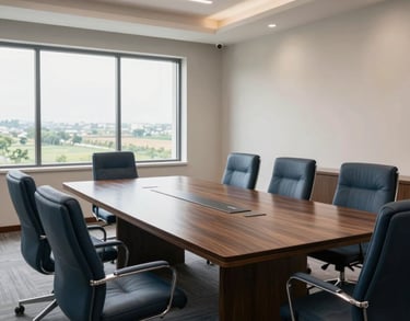 A shot of a modern meeting room in the Pakistani headquarters, featuring a long dark wood table, comfortable chairs, and large windows looking out onto a bright landscape. The room is decorated in steel blue and off-white tones.