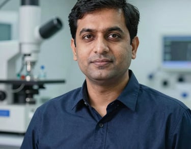Professional headshot of a lead biomedical engineer in Pakistan, wearing a navy blue button-down shirt. The background is a blurred high-tech medical workshop, emphasizing precision and innovation.