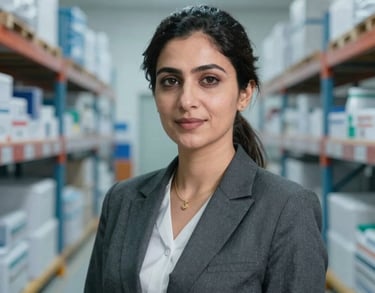 Professional headshot of a female head of logistics in Pakistan, wearing a professional dark grey blazer. The background shows a modern, organized medical warehouse with soft blue lighting.