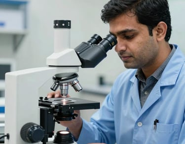 Professional headshot of a Pakistani technical engineer in a light blue lab uniform, standing next to a specialized microscope used for instrument inspection. The setting is bright and professional.
