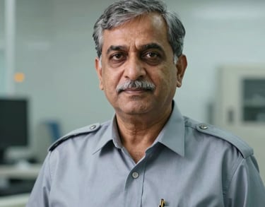 Professional headshot of a senior Pakistani manufacturing supervisor in a sterile environment, wearing a light grey-blue uniform. The composition is clean and focused, reflecting reliability and authority.