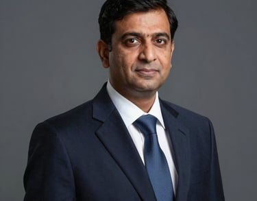 Professional headshot of a chief procurement officer in Pakistan, wearing a sophisticated dark navy suit. The lighting is studio-quality, conveying a sense of corporate leadership and medical industry expertise.