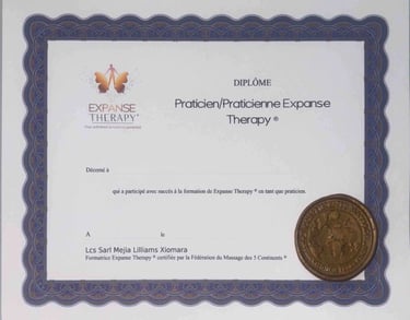 Diplôme de praticien en Expanse Therapy avec cadre décoratif bleu et sceau officiel.