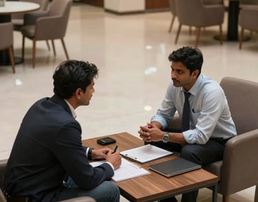 A high-angle shot of two professionals in India having a productive discussion over a coffee table in a spacious corporate lobby.