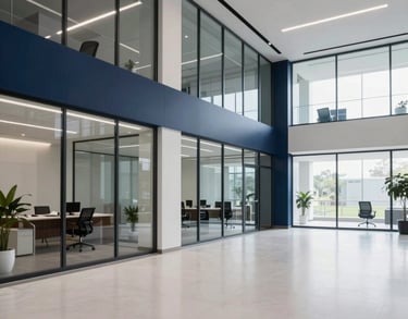A wide shot of a modern, clean, and spacious Indian corporate office with glass walls and professional decor in shades of navy and white.