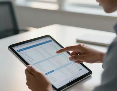 A close-up of a South Asian professional pointing at data points on a digital tablet in a clean, modern office with soft morning light.