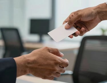 A detailed shot of hands exchanging a business card or shaking hands in a bright, modern Indian office environment.