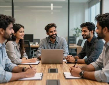 A team meeting in progress around a wooden conference table in a modern Indian office, with people showing positive expressions of collaboration.