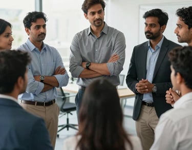 A medium shot of a group of Indian professionals standing together in a circle, engaged in a collaborative brainstorming session in a bright office.