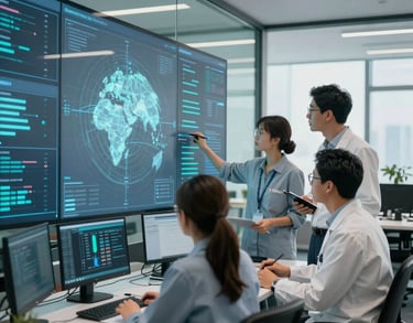 A professional research team in a modern North American / Global office, collaborating over advanced data visualizations on a glass wall. The lighting is clean and bright, emphasizing a forward-thinking atmosphere with accents of teal and dark blue.