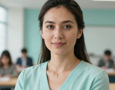 Professional headshot of a female educator in a modern academic environment, North American / Global. Sharp focus, bright lighting, pale aqua accents in the background.