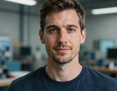 Professional headshot of a male engineer in a contemporary workshop, North American / Global. Industrial but clean background with blue and teal highlights.