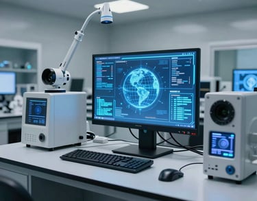 A high-tech laboratory interior with glowing blue data displays and modern sensing equipment, North American / Global. The atmosphere is professional and innovative.