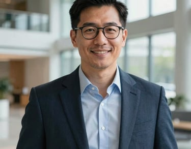 Professional headshot of a male innovation strategist in a bright, modern corporate atrium, North American / Global. Trustworthy and professional appearance.
