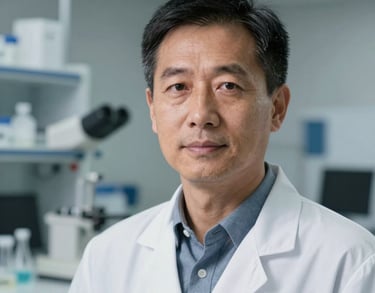 Professional headshot of a male scientist in a high-tech laboratory, North American / Global. Clean composition, professional attire, soft grey background.