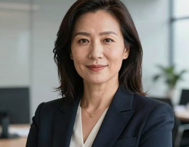 Professional headshot of a female leader in a sleek, modern office setting, North American / Global. Soft natural light, grey background, conveying confidence and expertise.