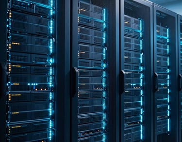 A sophisticated data center with glowing racks of servers representing the foundation's intelligence infrastructure, North American / Global. Deep blues and teals dominate the scene.