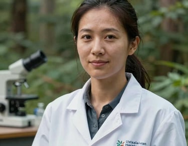 Professional headshot of a female sustainability researcher in an outdoor field station, North American / Global. Natural light, professional focus, background of greenery.
