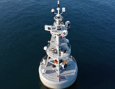 An aerial view of an environmental monitoring project in a North American / Global coastal area. High-tech sensors are visible on a modern buoy, set against deep blue water and grey equipment.