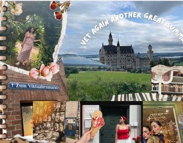 Summer travel scrapbook collage featuring Neuschwanstein Castle and German city sights.