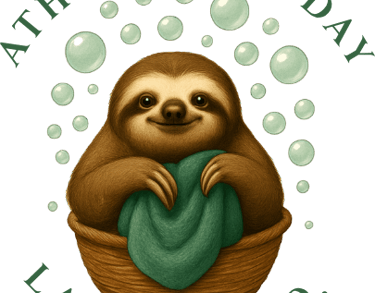 Athens Next-Day Laundry Co logo featuring a sloth holding laundry in a basket with bubbles, represen
