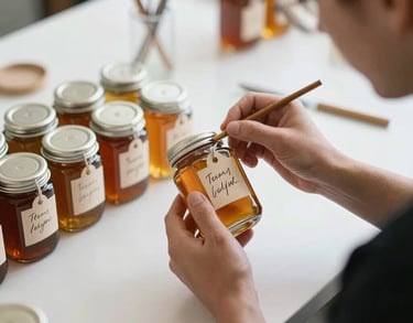 An artisan hand-labeling glass honey jars with custom calligraphy event tags inside a bright and clean workshop space.