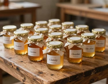 A rustic wooden table in a light-filled craft workshop displaying small glass jars of golden honey with customized event labels and cream ribbon ties.