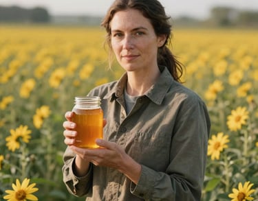 A portrait of a female botanist standing in a blooming North American / US flower field, holding a jar of organic golden honey in soft natural sunlight.