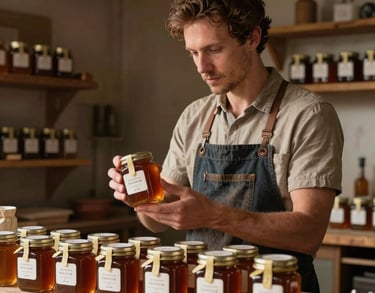 A portrait of a male artisan packaging specialist inspecting custom event honey jars inside a rustic wooden workshop.