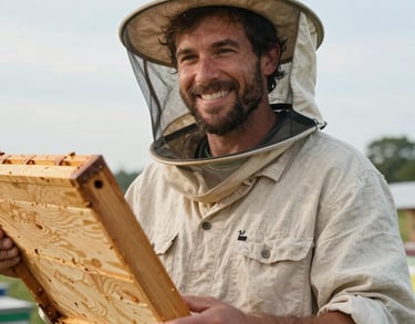 A portrait of a male head beekeeper smiling warmly outdoors at a North American / US farm, wearing a light beige linen shirt and holding a wooden hive frame.