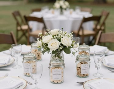A beautifully decorated wedding guest table in a North American / US outdoor venue featuring personalized Honeycova party favor jars at each place setting.