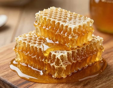 Freshly cut natural honeycomb pieces oozing rich golden amber honey onto a warm rustic wooden surface in a North American / US kitchen setting.