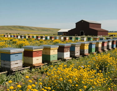 A wide scenic photograph of a sun-drenched North American / US farm with colorful wooden beehives neaty placed alongside blooming golden wildflowers.