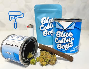 Blue Collar Boyz cannabis flower buds and pre-rolled blunt with branded tins and packaging.