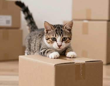 gatito jugando con caja de pedidos de tienda en linea