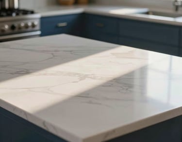Modern kitchen with white marble countertops and blue cabinets in natural sunlight.