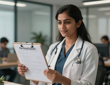 A professional South Asian woman in a modern office, representing a speech and language pathologist, holding a communication board. She has a compassionate expression.