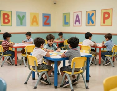 An early intervention classroom with low tables and chairs, vibrant wall art showing letters and numbers, and a clean, safe environment for young children in India.