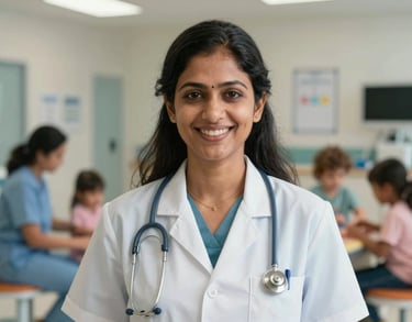 Portrait of a South Asian female Clinical Director in professional attire, smiling warmly in a clinical setting that looks modern and caring. The background is softly blurred to show a nurturing childcare environment.