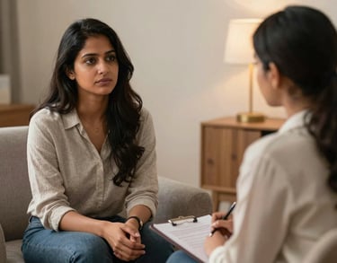 A South Asian woman in a counseling room, representing a family counselor, sitting comfortably and looking empathetic. The room has soft lighting and warm textures.