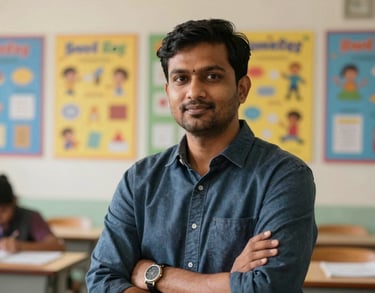 Portrait of a South Asian male special educator in a classroom with vibrant educational posters. He looks confident and nurturing.