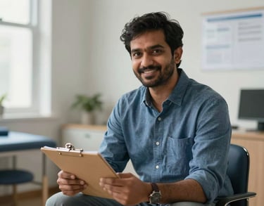 A South Asian male behavioral analyst sitting in a light-filled therapy room, holding a notepad and smiling kindly. He looks approachable and trustworthy.